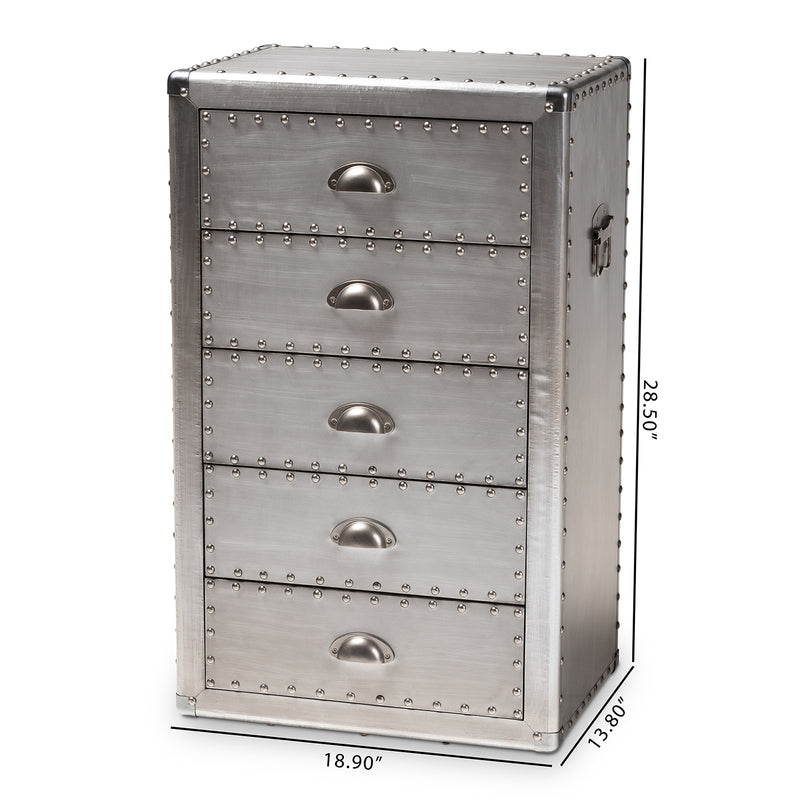 Davet Accent Storage Cabinet - French Industrial Silver Metal 5-Drawer Organizer for Home Decor and Space Saving