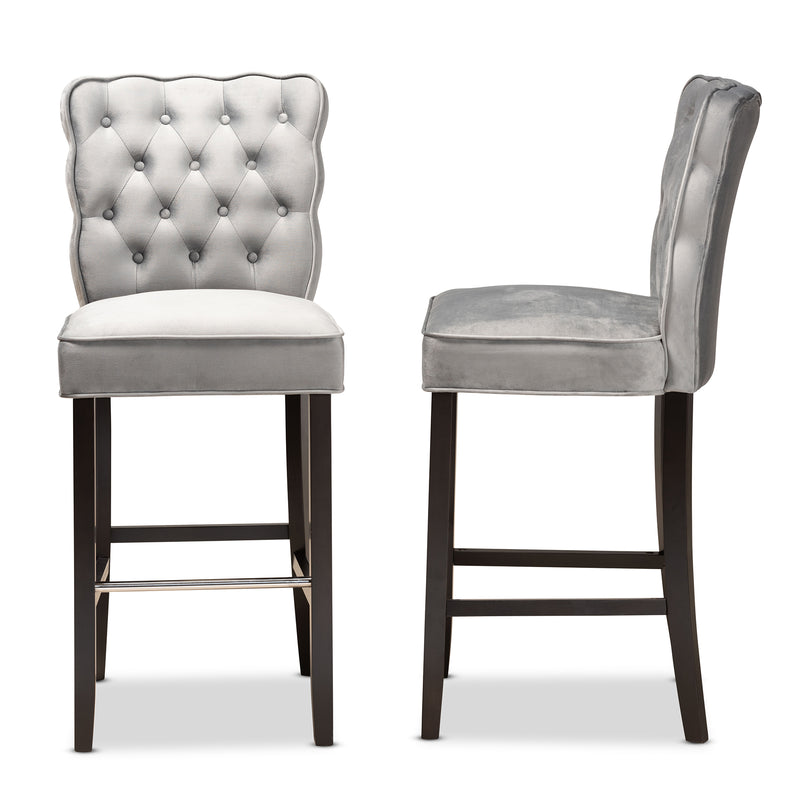 Daphne Bar Stool Set Modern and Contemporary Dark Grey Velvet Fabric Upholstered with Dark Brown Finished Wood 2-Piece