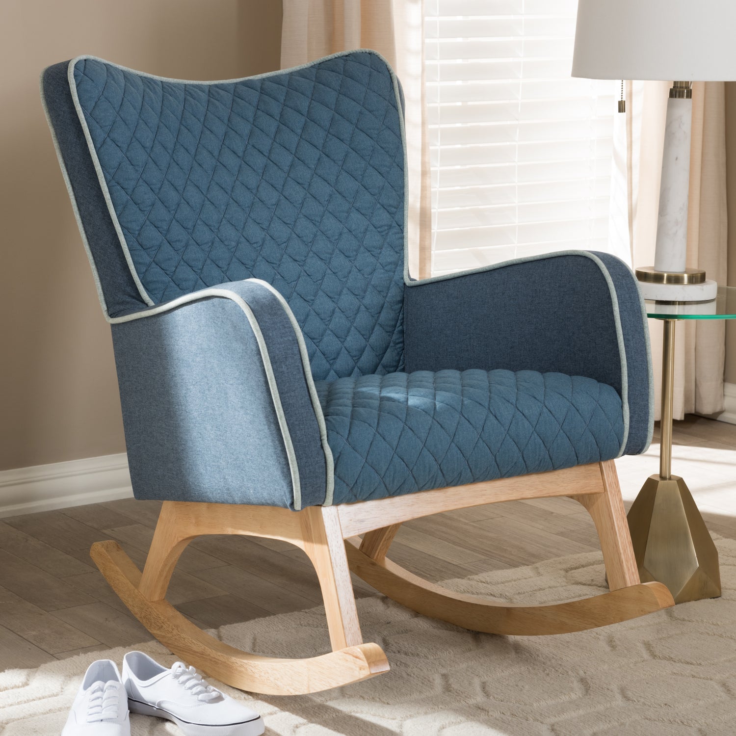 Zoelle Rocking Chair Mid-Century Modern Blue Fabric Upholstery with Natural Finish