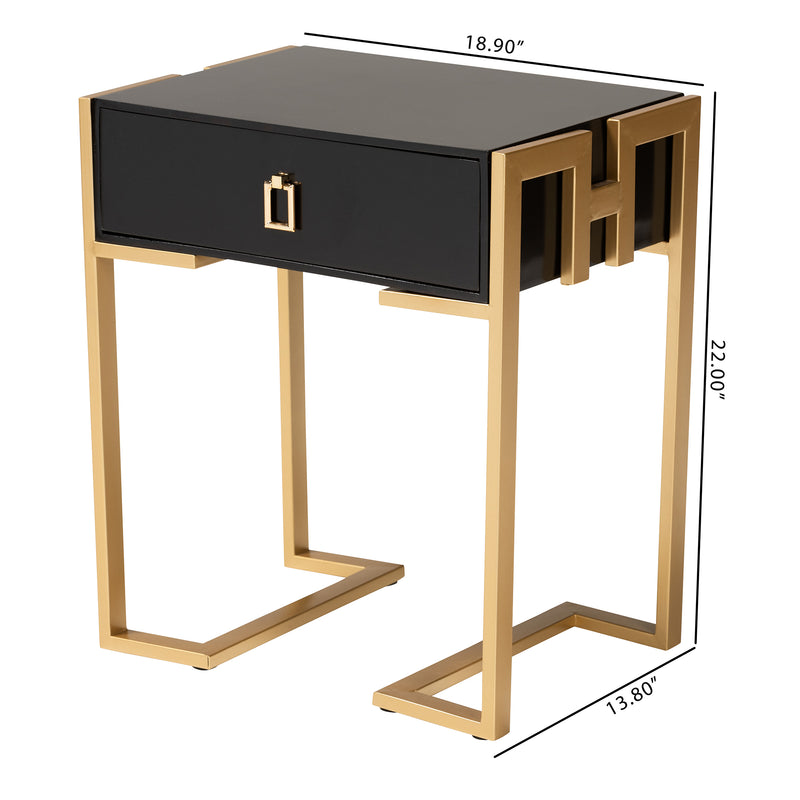 Luna End Table - Contemporary Glam Design with Black Wood and Gold Metal Accents