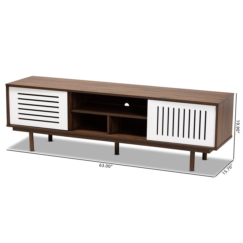 Meike Mid-Century Modern TV Stand Two-Tone Walnut Brown and White, Stylish Entertainment Center for Living Room and Media Storage