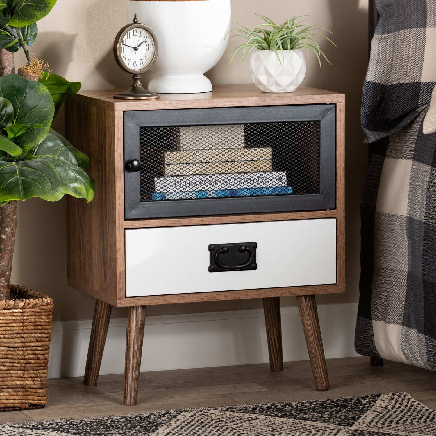 Hubbard Mid-Century Modern End Table Two-Tone Natural Brown and White Wood with Black Metal Featuring 1 Drawer for Storage