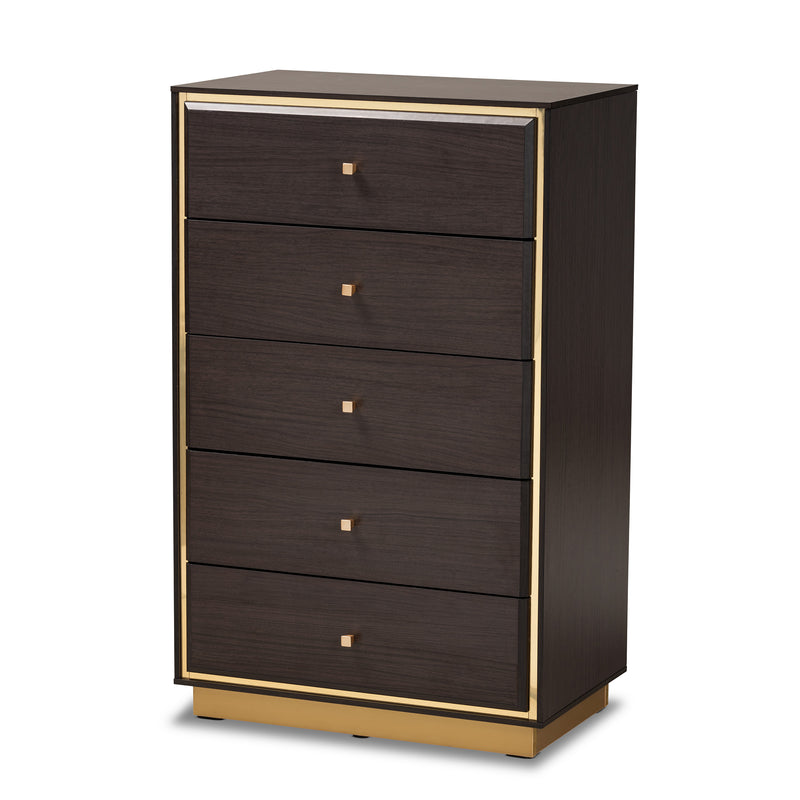 Arcelia Queen Size Bedroom Set Contemporary Glam 4-Piece Collection in Two-Tone Dark Brown and Gold Finished Wood with Stylish Storage Chest