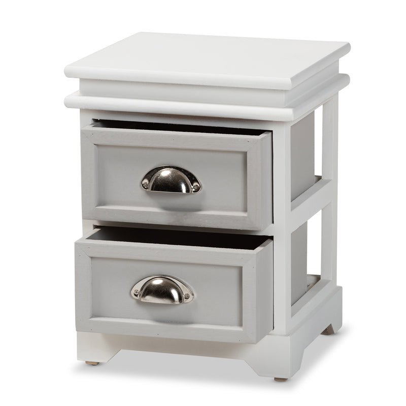 Cachet Modern Two-Tone Grey and White Wood End Table with 2 Drawers for Stylish Living Room Storage