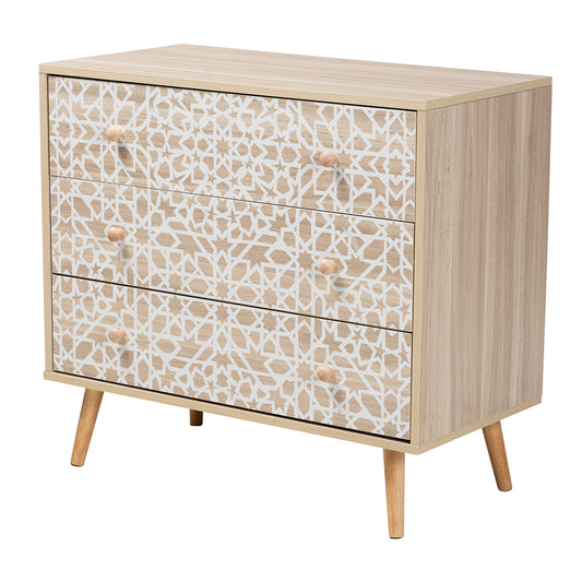 Beau Storage Cabinet Mid-Century Modern Design with Two-Tone White and Oak Brown Wood, Featuring 3 Drawers for Stylish Organization