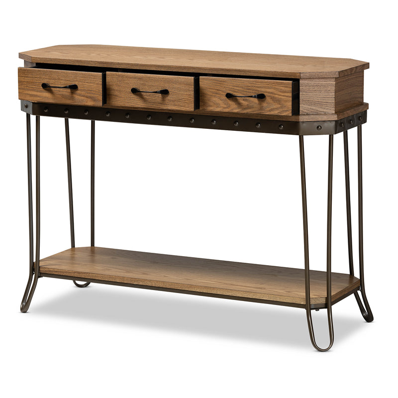 Kellyn Console Table - Vintage Rustic Industrial Design with Oak Brown Wood and Black Metal, Featuring 3 Drawers for Storage and Style