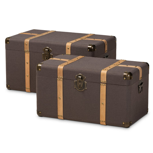 Stephen Storage Trunk Set Modern 2-Piece Dark Brown Fabric Upholstered with Oak Brown Finish