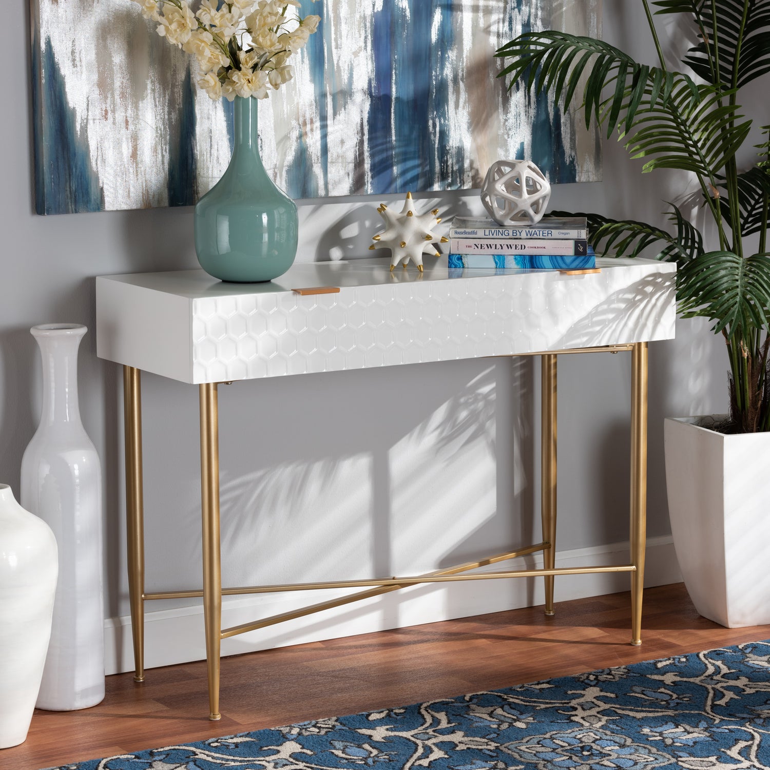 Galia Console Table Modern Contemporary Design White Finished Wood Gold Metal 1 Drawer for Storage and Style