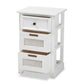 Pratt Modern End Table with 3 Drawers, White Wood and Rattan Design for Living Room or Bedroom Storage