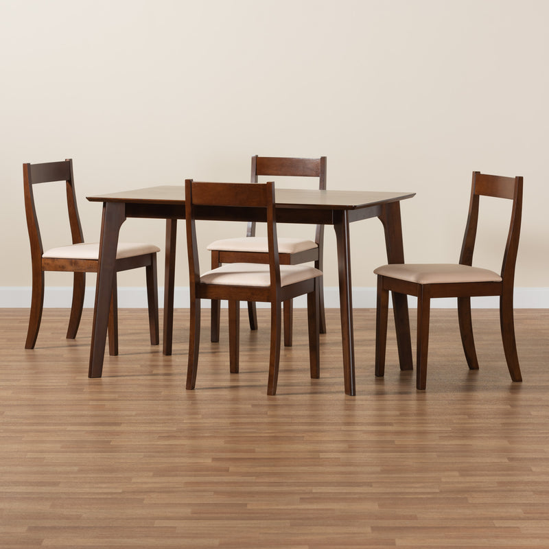 Carola Dining Set Mid-Century Modern Cream Fabric and Dark Brown Finished Wood 5-Piece