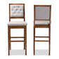 Gideon Bar Stool Set Modern and Contemporary Grey Fabric Upholstered Walnut Brown Finished Wood 2-Piece