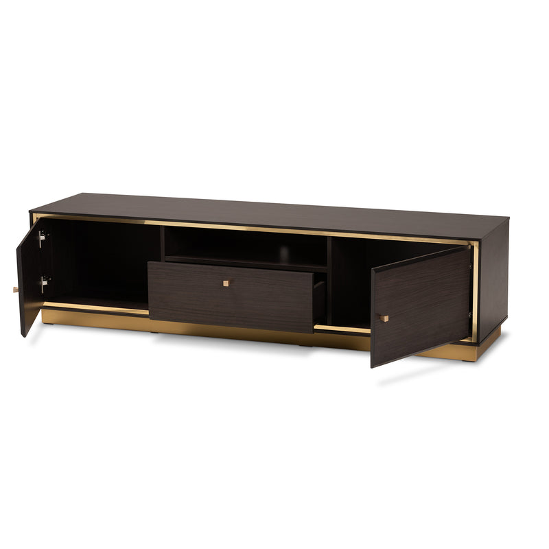 Cormac TV Stand Mid-Century Modern Transitional Dark Brown Finished Wood and Gold Metal 2-Door