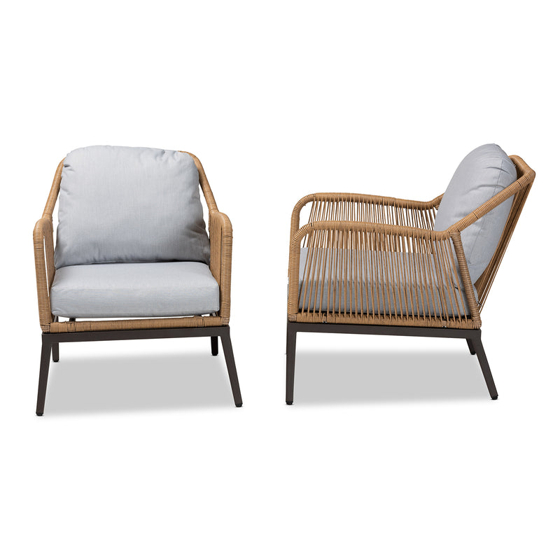 Endecott Modern Contemporary 2-Piece Patio Chair Set Grey Fabric Upholstery Brown Synthetic Rattan