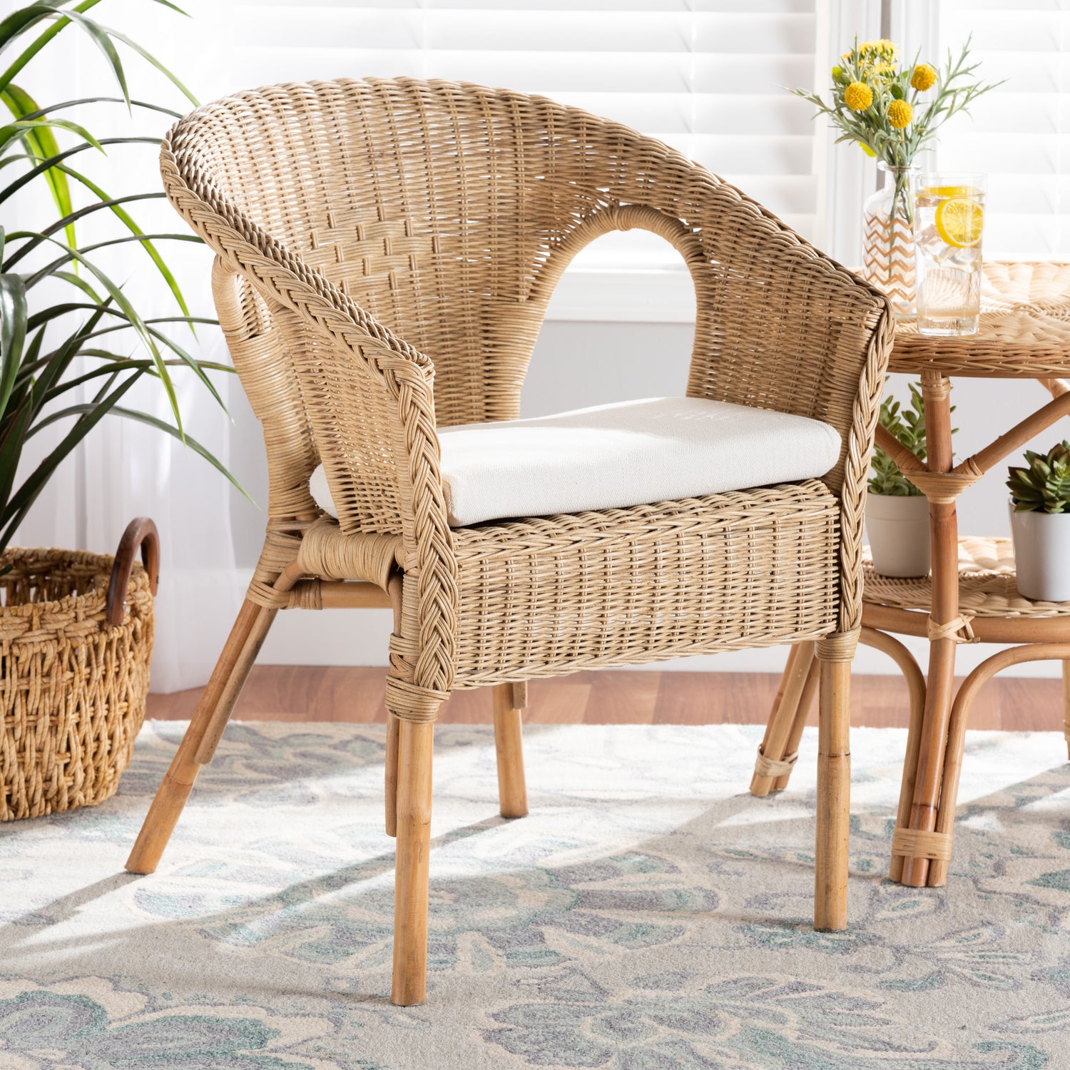 Abbey Dining Chair Modern Bohemian Style in Natural Brown Antique Rattan for a Chic Dining Experience