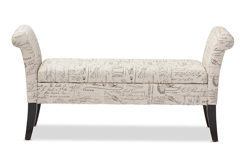 Avignon Fabric Storage Ottoman Bench with Script Pattern for French Laundry Style Home Decor