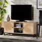 Ardon TV Stand Bohemian Light Brown Wood and Black Metal 2-Door Design with Natural Rattan Accents for Stylish Living Room Storage