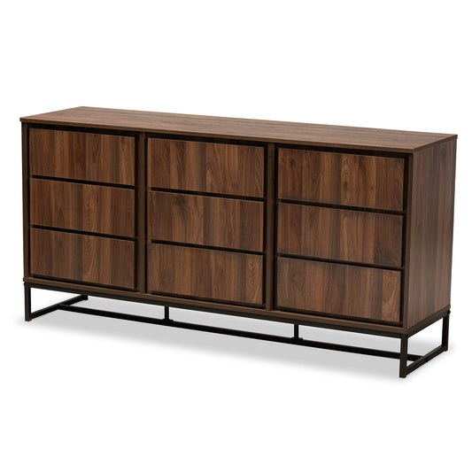 Neil Modern Contemporary Sideboard Buffet Walnut Brown Wood Black Metal 3-Door Dining Room Storage Cabinet