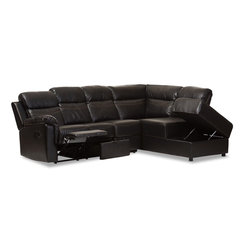 Roland Sectional Modern and Contemporary Black Faux Leather 2-Piece with Recliner and Storage Chaise