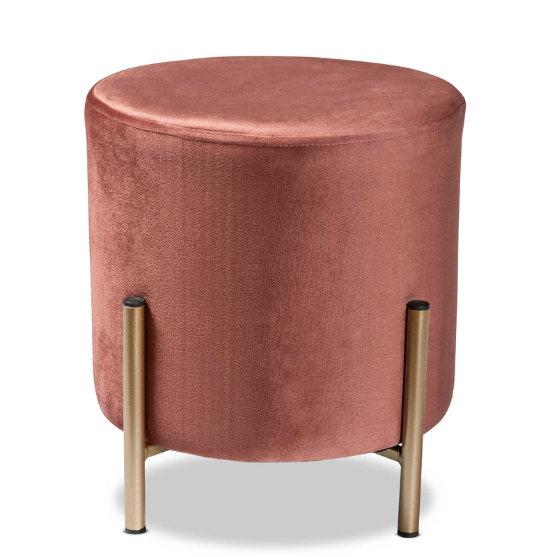 Thurman Ottoman Contemporary Glam and Luxe Pink Velvet Fabric Upholstered with Gold Finished Metal