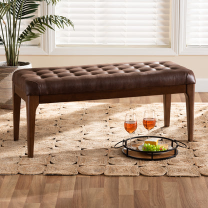 Walsh Dining Bench Mid-Century Modern Dark Brown Leather-Effect Polyester Fabric Upholstered Walnut Brown Finished Wood