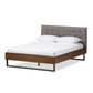 Mitchell Platform Bed - Rustic Industrial Walnut Wood with Grey Fabric and Dark Bronze Metal