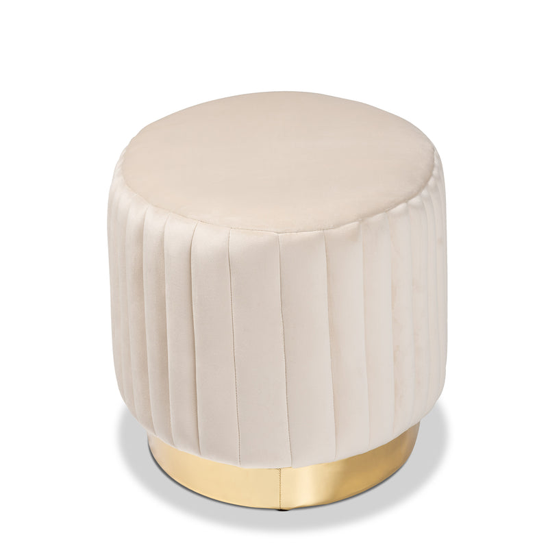 Kirana Glam Ottoman Beige Velvet Fabric Upholstered and Gold PU Leather