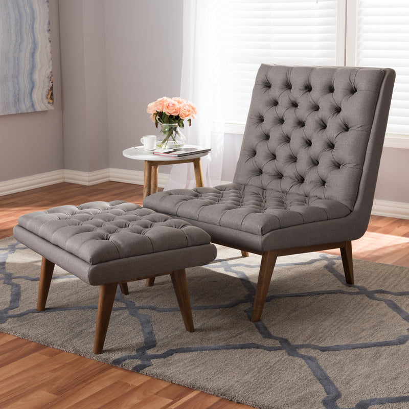 Annetha Mid-Century Modern Chair and Ottoman Set Grey Fabric Upholstered with Walnut Finished Wood Stylish Living Room Furniture