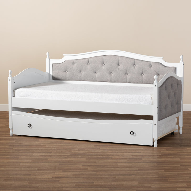 Marlie Twin Size Daybed with Trundle Classic Grey Fabric Upholstered Design on White Finished Wood Frame