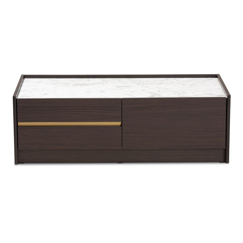 Walker Modern Coffee Table with Dark Brown and Gold Finished Wood and Faux Marble Top