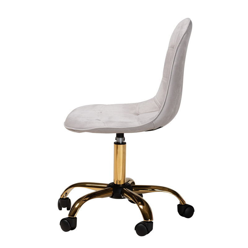 Kabira Office Chair Contemporary Glam and Luxe Grey Velvet Fabric with Gold Metal Swivel