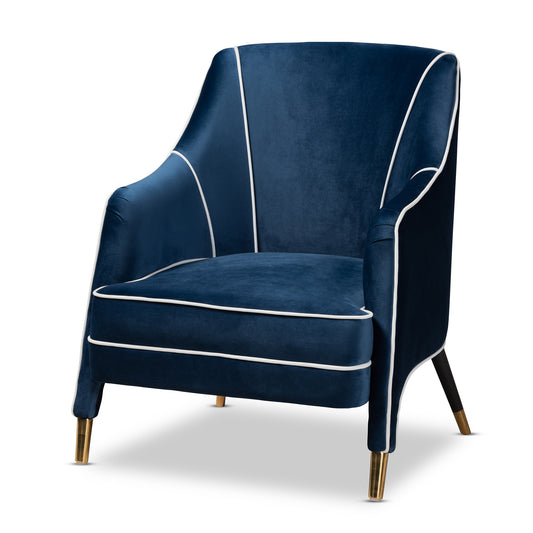 Ainslie Glam Luxe Armchair Navy Blue Velvet Upholstered Chair with Gold Finish for Elegant Living Room Decor