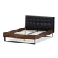 Mitchell Platform Bed - Rustic Industrial Walnut Wood with Black Faux Leather and Dark Bronze Metal