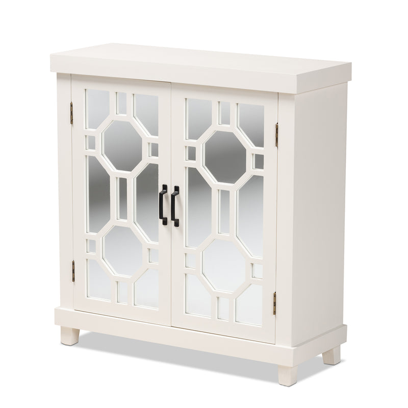 Carlena Sideboard - Modern White Wood Storage Cabinet with Mirrored Glass, 2-Door Design for Dining or Living Room