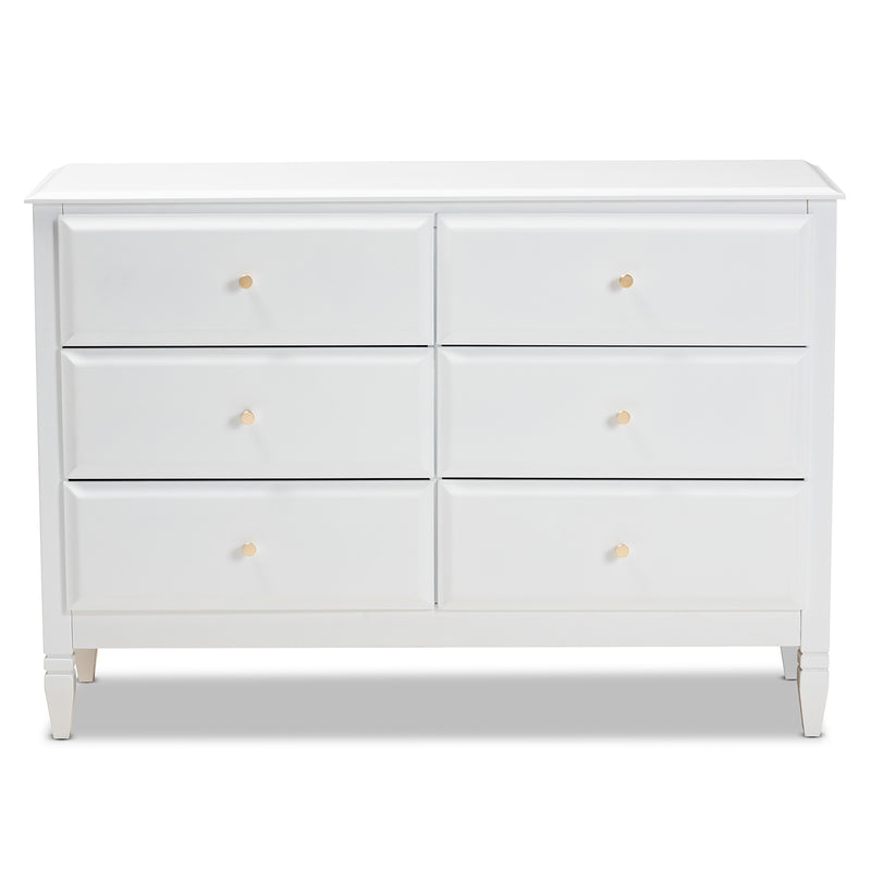 Naomi Classic Transitional 6-Drawer Bedroom Dresser in White Finished Wood for Stylish Storage and Organization