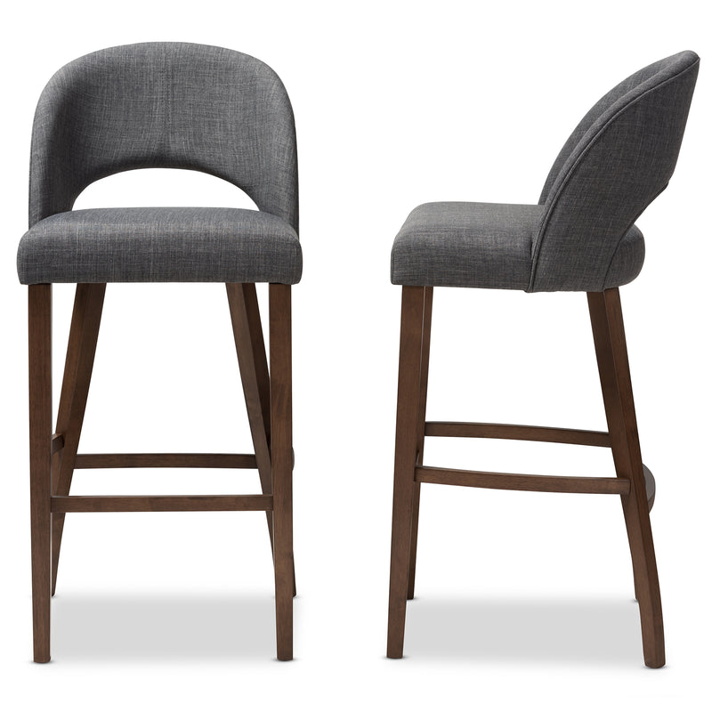 Melrose Bar Stool Mid-Century Modern Dark Grey Fabric Upholstered Walnut Finished Wood (Set of 2)