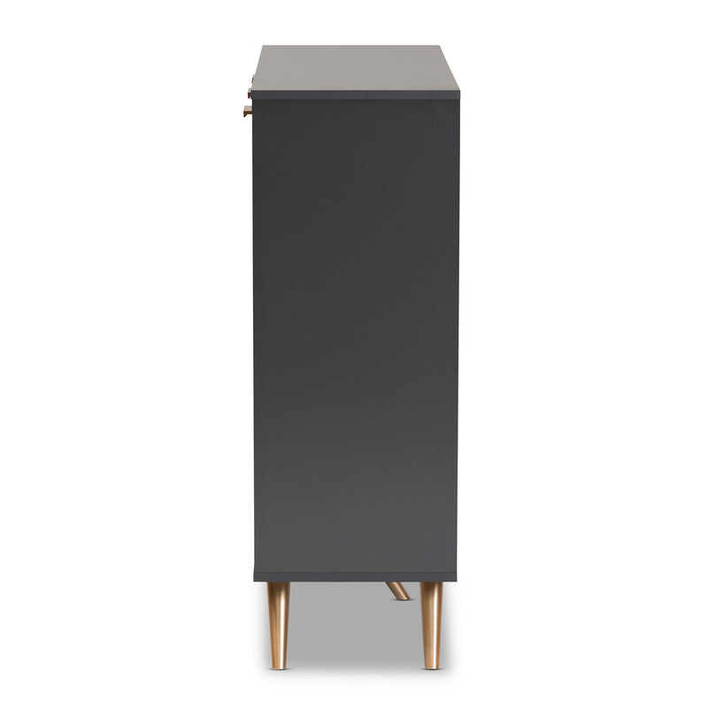 Kelson Shoe Cabinet Modern Dark Grey Wood with Gold Finish 3-Door Storage Solution for Organized Footwear