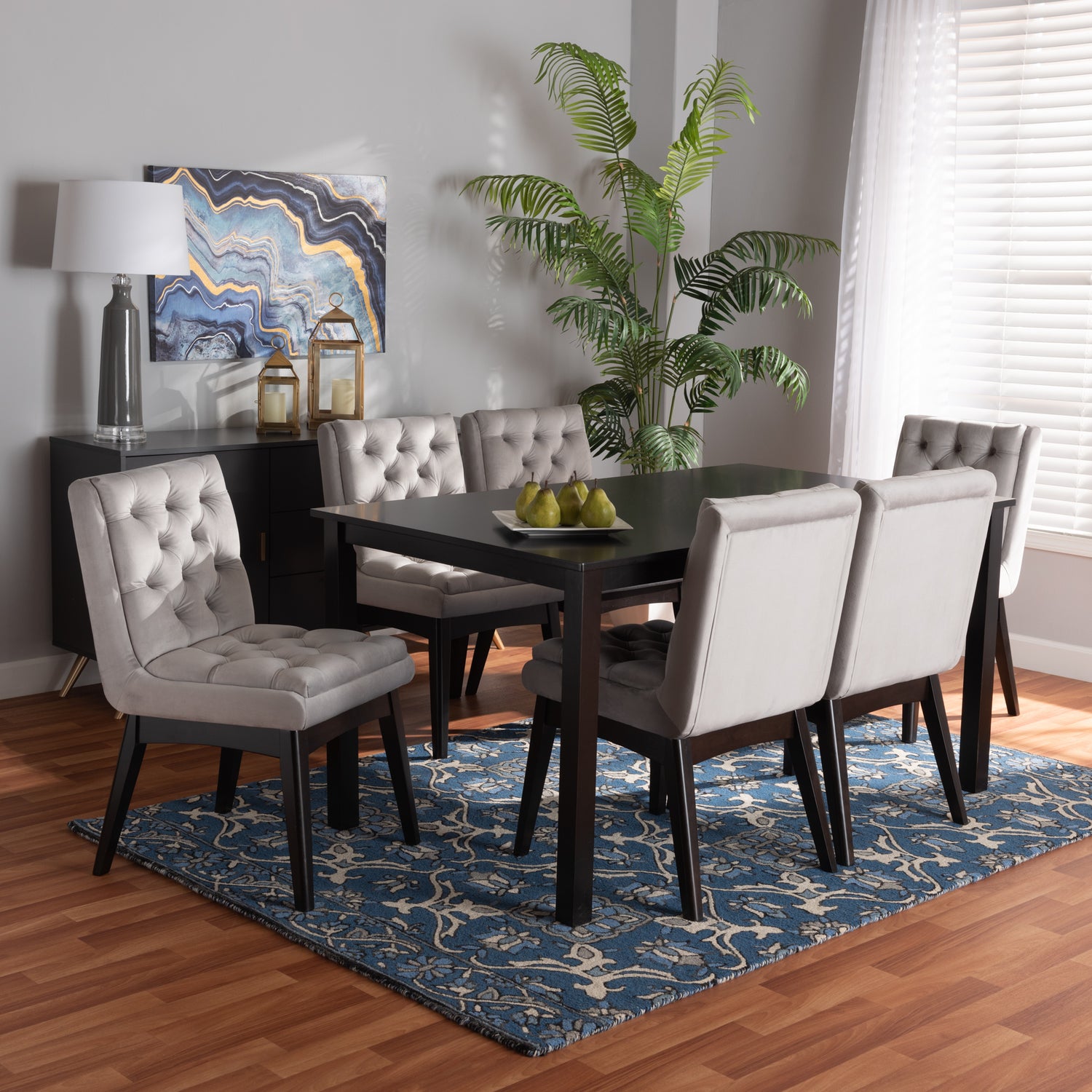 Makar Modern 7-Piece Dining Set with Light Grey Velvet Chairs and Dark Brown Finished Wood Table