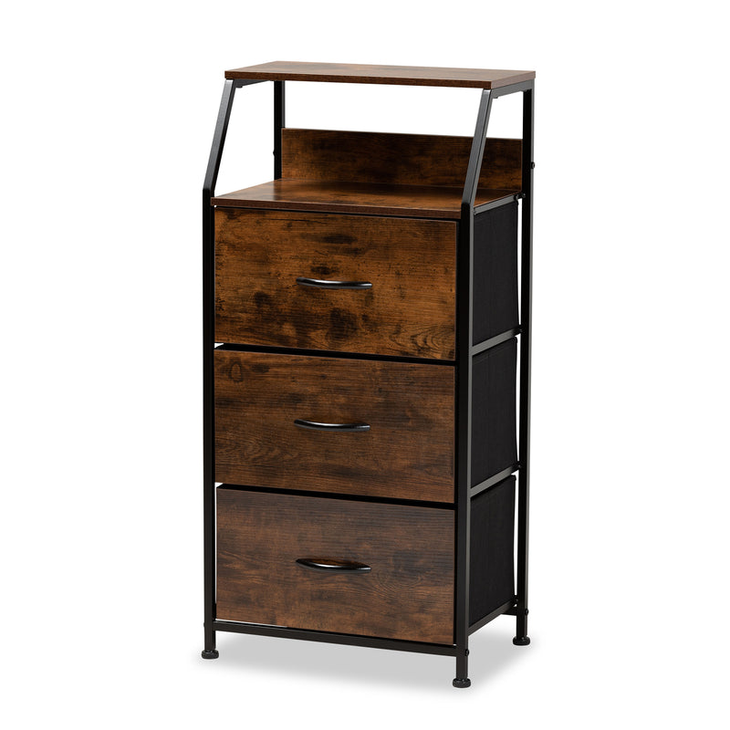 Jacop Modern Industrial 3-Drawer Storage Cabinet in Walnut Brown Wood and Black Metal for Stylish Organization