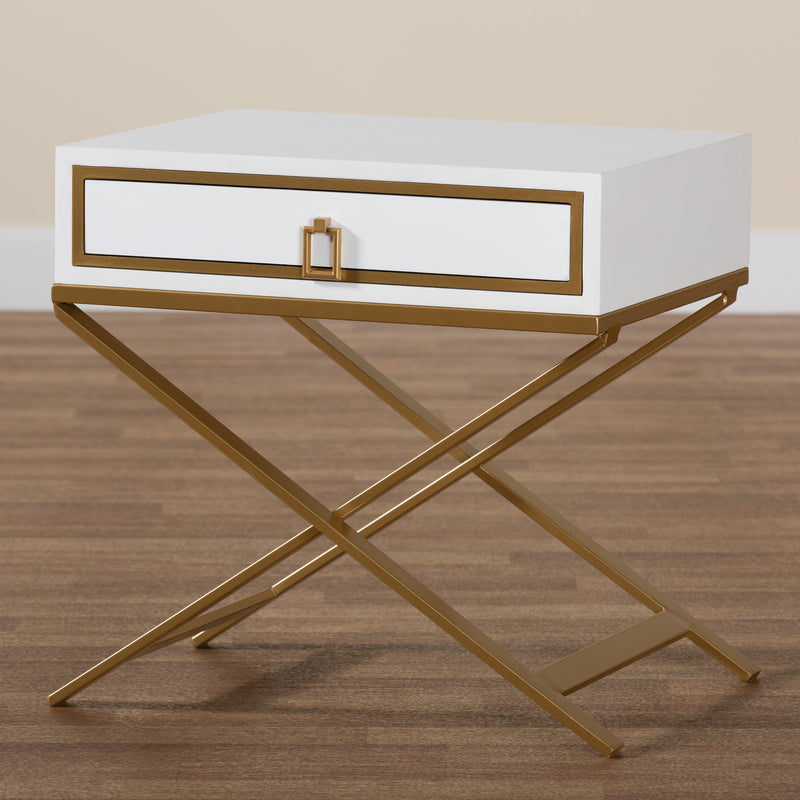 Lilibet End Table Modern Glam Luxe Design White Finished Wood Gold Metal 1 Drawer for Stylish Storage