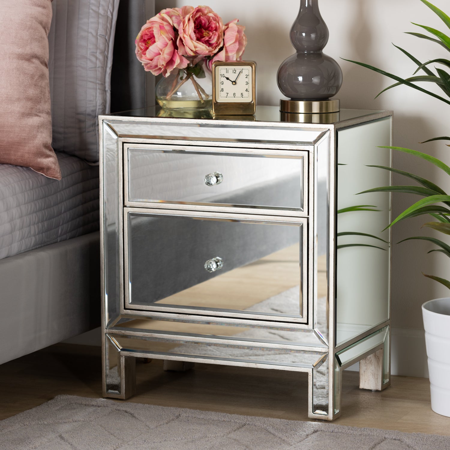 Fadri Mirrored End Table with 2 Drawers in Contemporary Glam Luxe Style