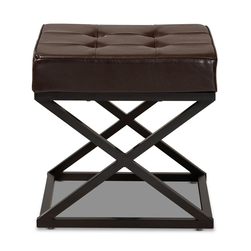 Magnus Ottoman Stool Modern Dark Brown Faux Leather Upholstered with Black Metal Base Stylish Accent Furniture for Living Room or Bedroom