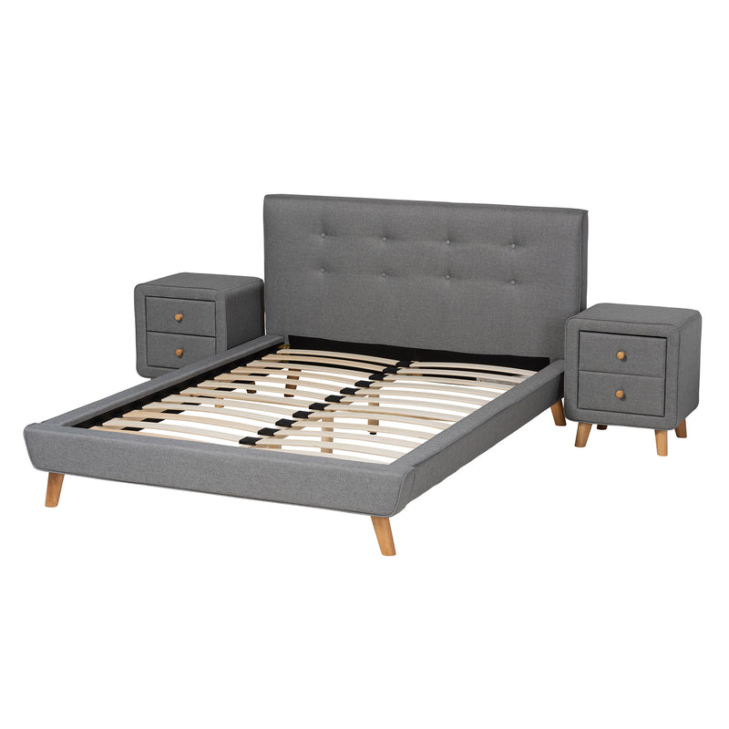 Jonesy Full Size 3-Piece Bedroom Set Mid-Century Modern Grey Fabric Upholstered Furniture for Stylish Bedrooms