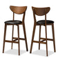 Eline Bar Stool Set of 2 Mid-Century Modern Black Faux Leather Upholstered Walnut Finish