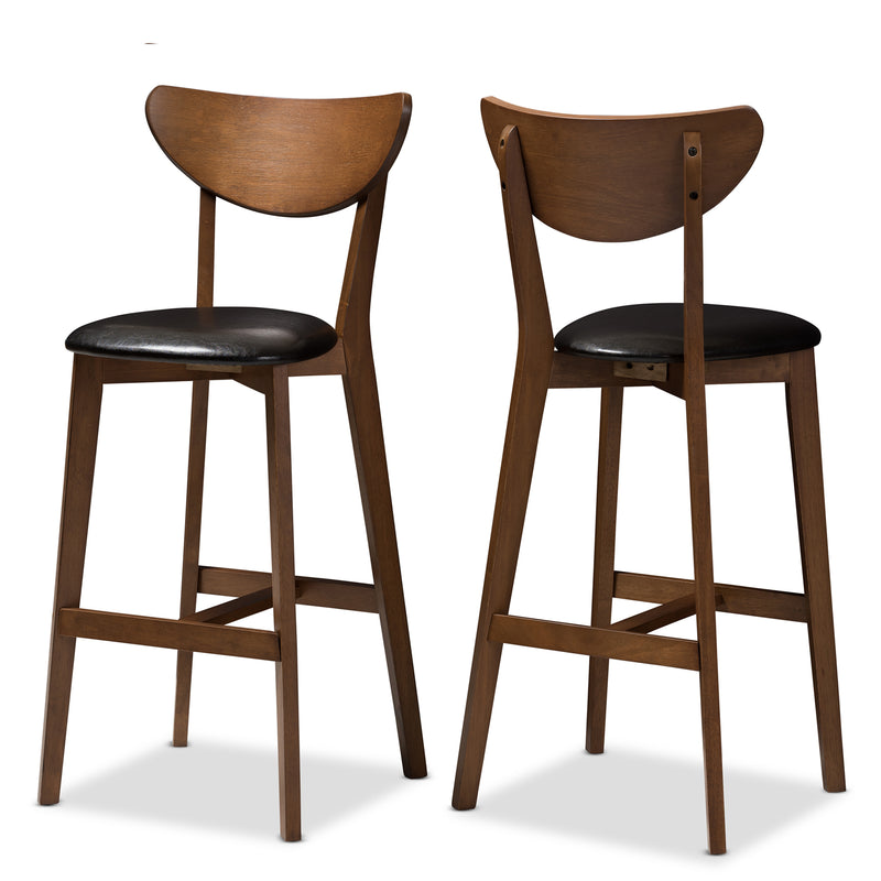 Eline Bar Stool Set of 2 Mid-Century Modern Black Faux Leather Upholstered Walnut Finish