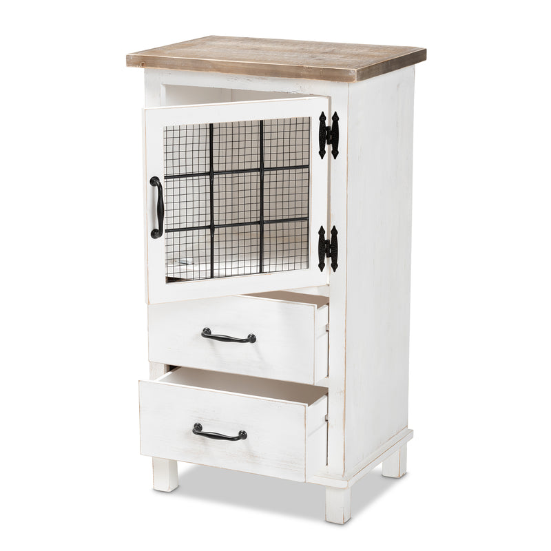 Faron Storage Cabinet Classic Farmhouse Style Two-Tone Distressed White and Oak Brown Finish with 2 Drawers for Organized Storage