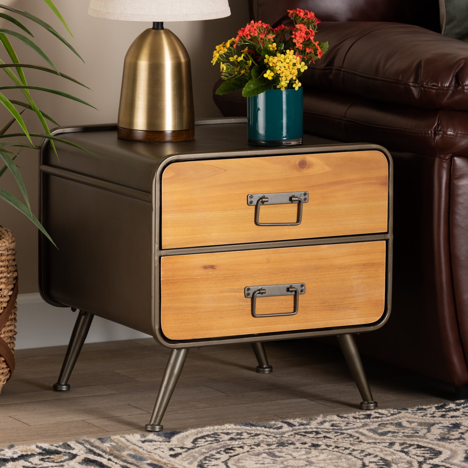 Kaiya End Table Rustic Industrial Oak Brown Wood with Black Metal 2 Drawers for Storage and Style