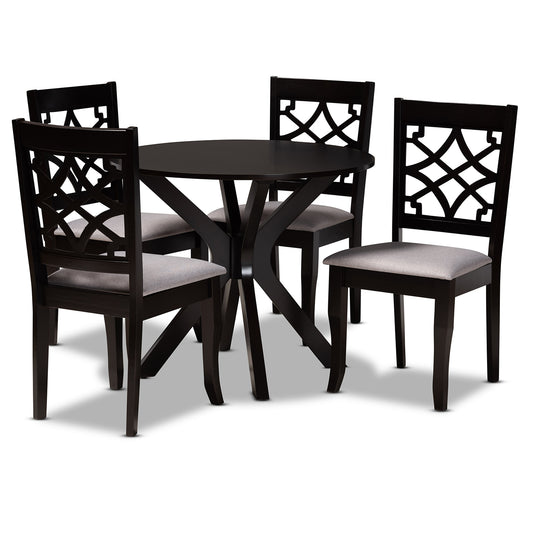 Elena Dining Set Modern and Contemporary Grey Fabric Upholstered with Dark Brown Finished Wood 5-Piece