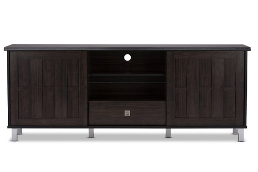 Unna TV Cabinet 70-Inch Dark Brown Wood with 2 Sliding Doors and Drawer