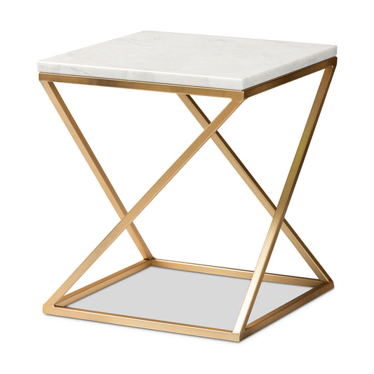 Hadley Modern End Table Gold Finished Metal with Elegant Marble Top