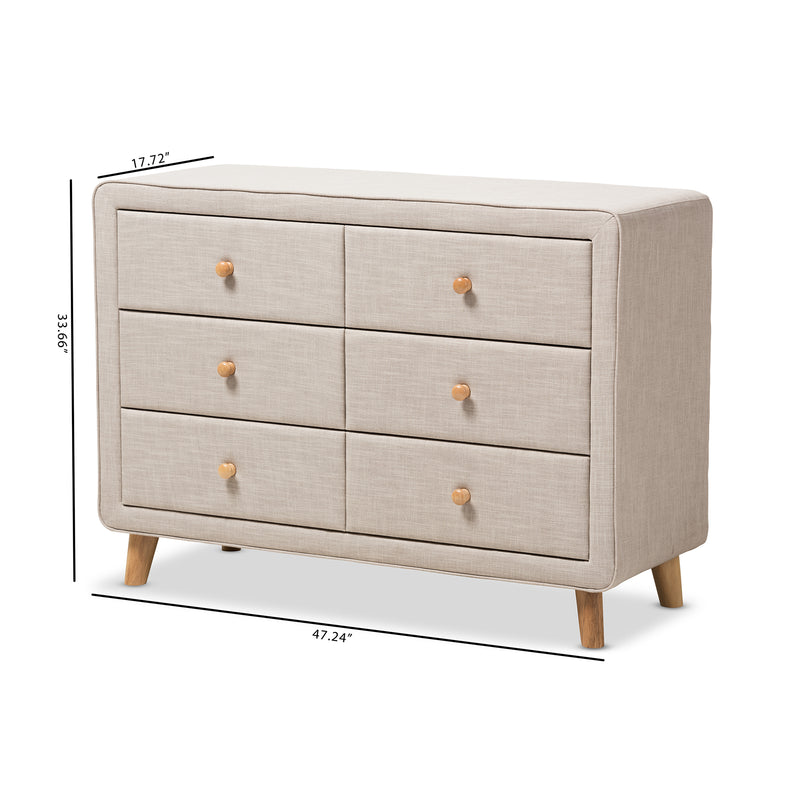 Jonesy Dresser - Mid-Century Beige Linen Upholstered 6-Drawer